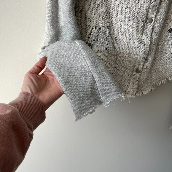 We The Free Tattered Tweed Button Front Cropped Raw Hem Moto Jacket Gray Cream 8 - Picture 5 of 8